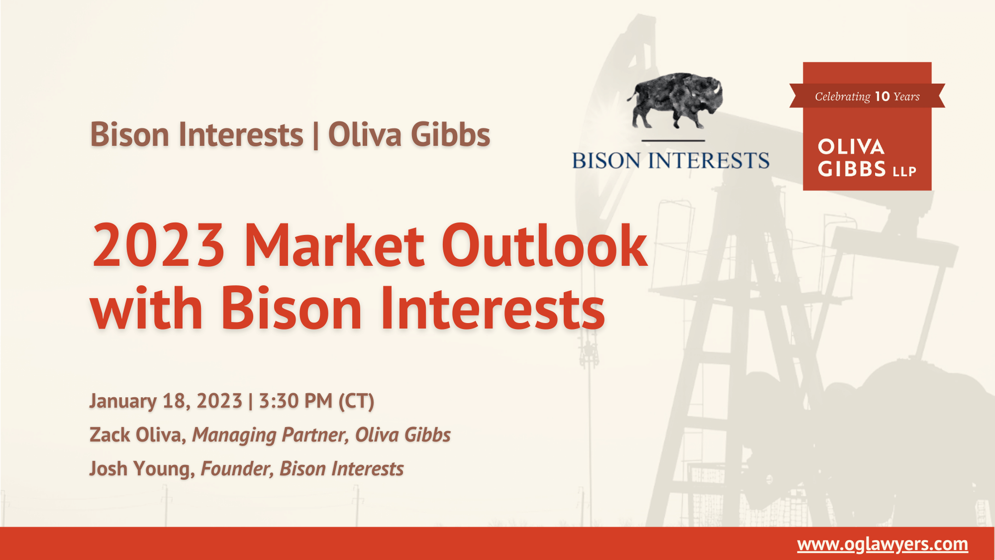 Join Oliva Gibbs managing partner Zack Oliva and Bison Interests founder Josh Young for a 2023 oil market outlook webinar